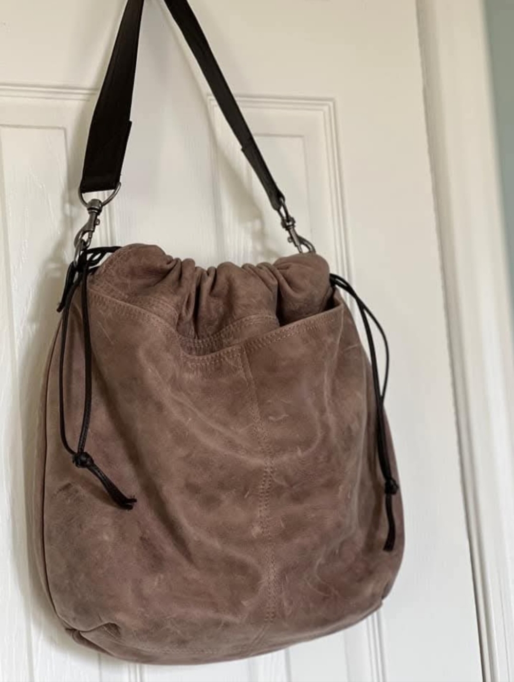 Classic Soft Drawstring Shoulder Bag in Taupe